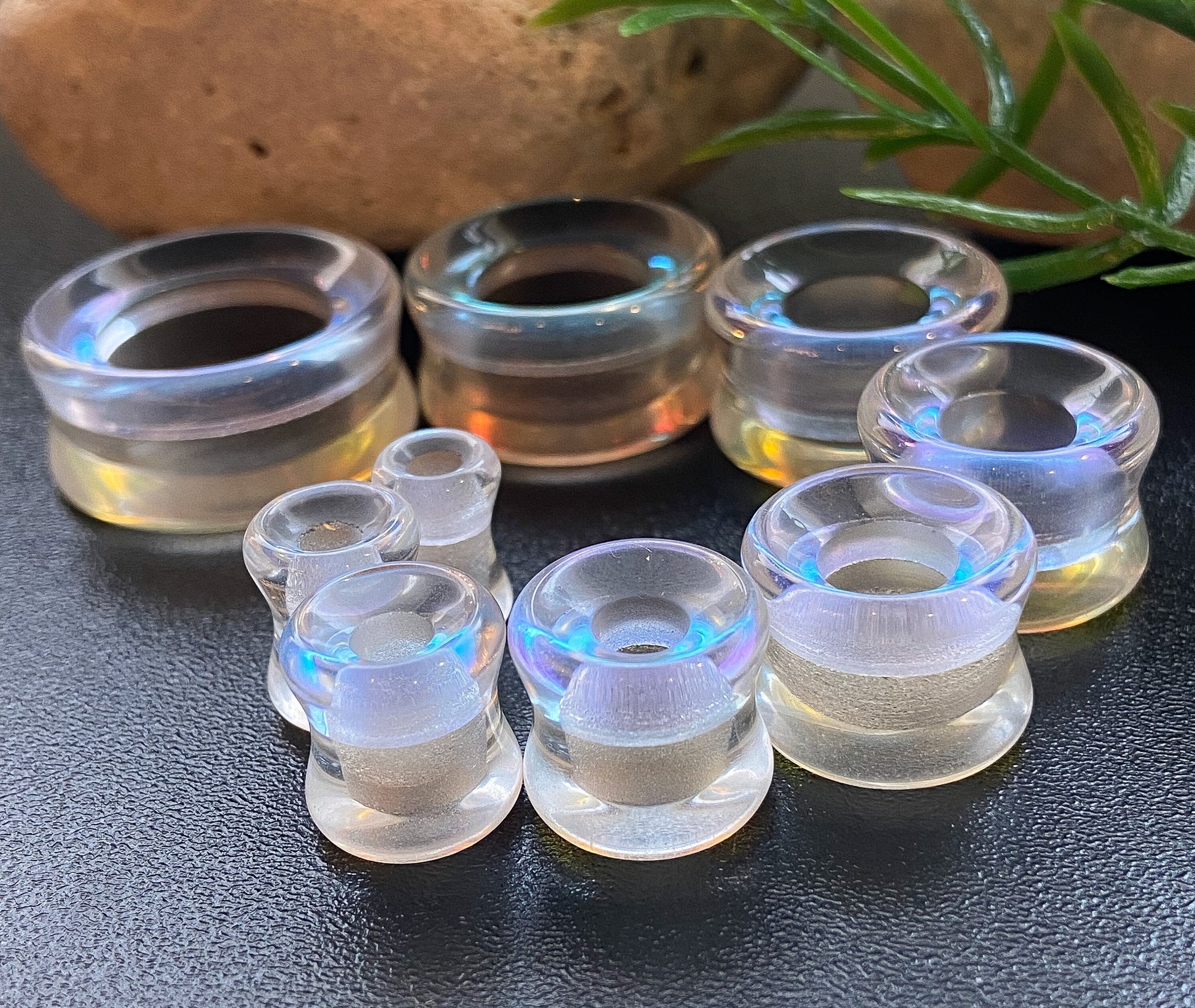 PAIR of Unique Aurora Borealis Iridescent Glass Double Flare Tunnels/Plugs - Gauges 2g (6mm) to 1" (25mm) available!