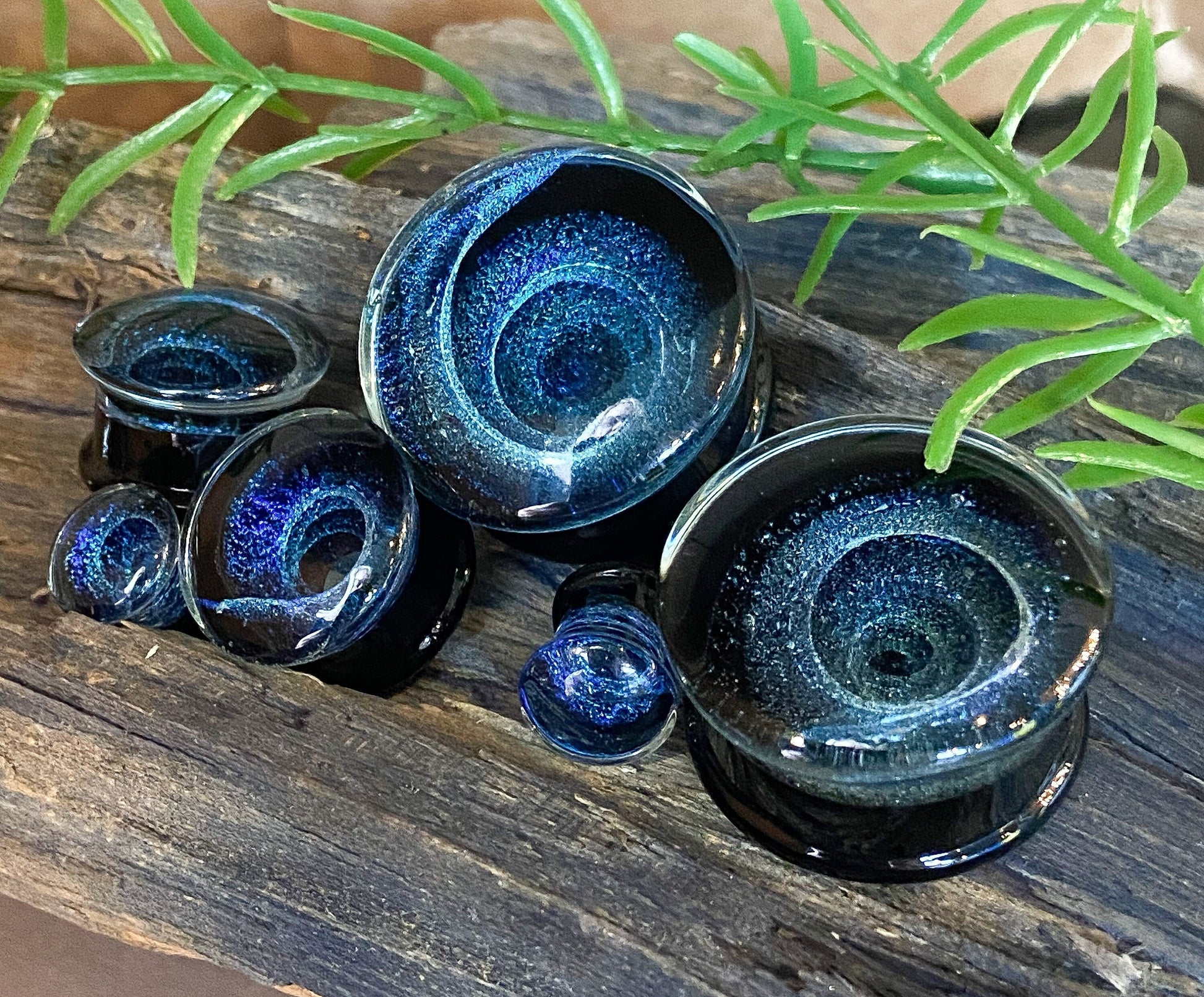 PAIR of Stunning Blue Vortex Swirl Design Pyrex Glass Double Flare Plugs/Tunnels - Gauges 2g (6mm) through 1" (25mm) available!