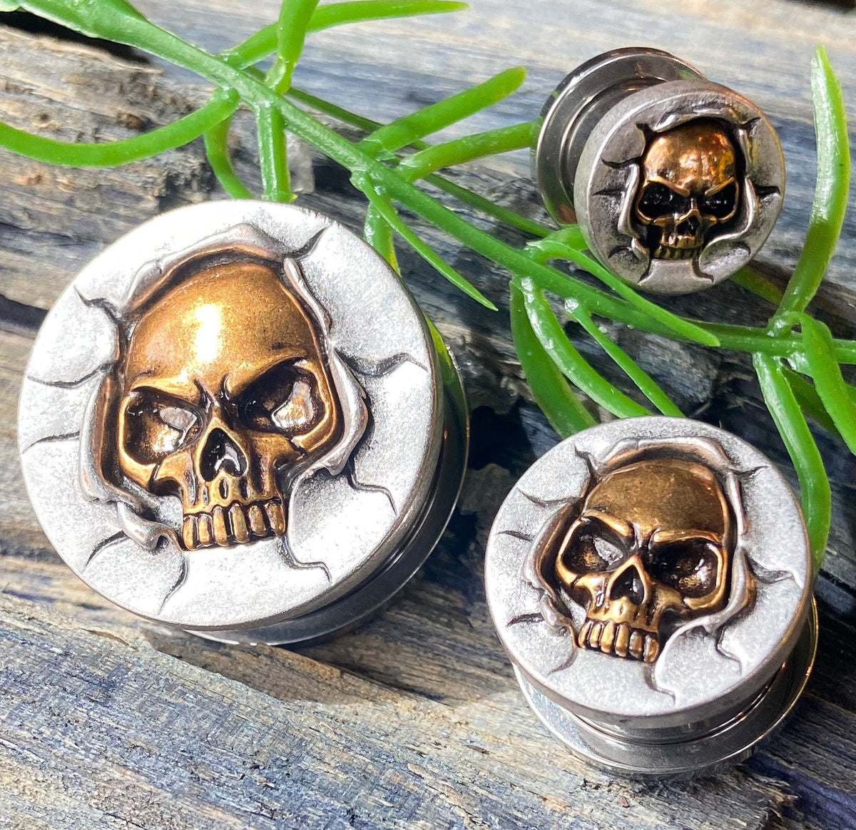 PAIR of Unique Bronze Crashing Skull Screw Fit Tunnels/Plugs - Gauges 0g (8mm) thru 1" (25mm) available!
