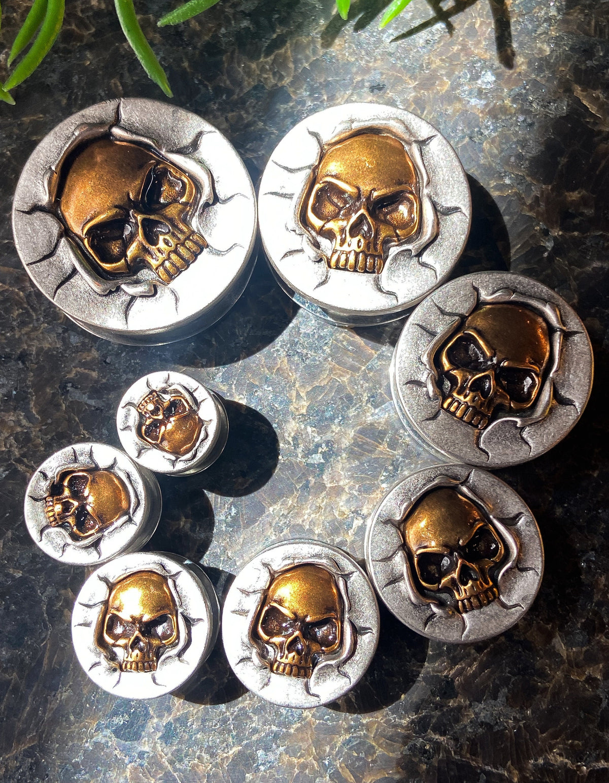 PAIR of Unique Bronze Crashing Skull Screw Fit Tunnels/Plugs - Gauges 0g (8mm) thru 1" (25mm) available!