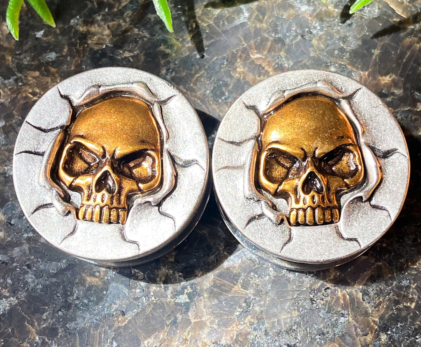 PAIR of Unique Bronze Crashing Skull Screw Fit Tunnels/Plugs - Gauges 0g (8mm) thru 1" (25mm) available!