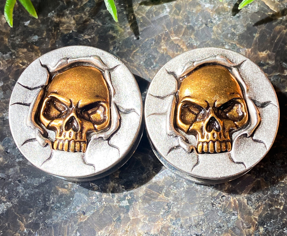 PAIR of Unique Bronze Crashing Skull Screw Fit Tunnels/Plugs - Gauges 0g (8mm) thru 1" (25mm) available!