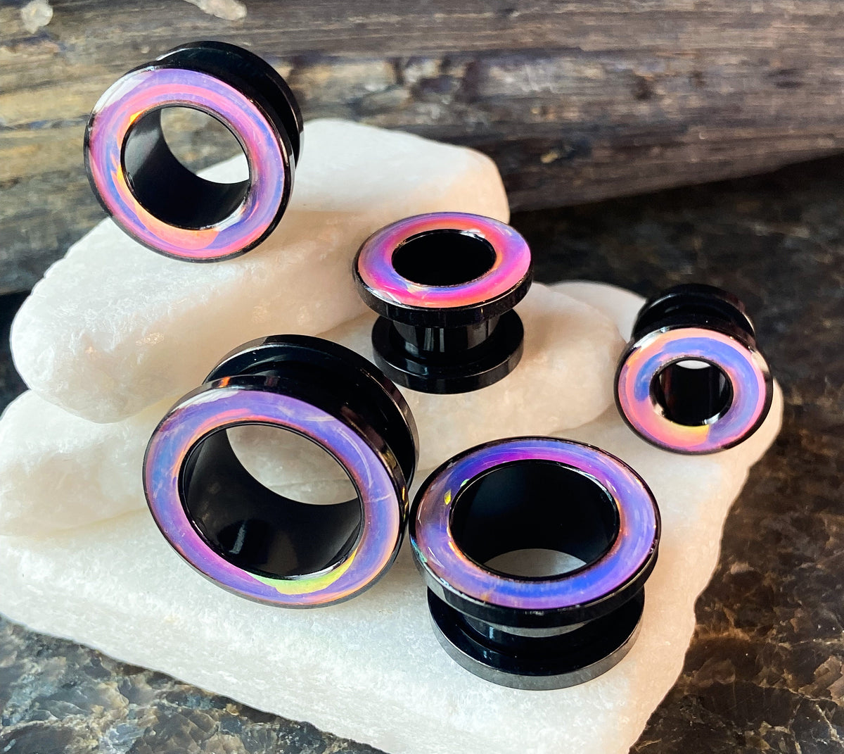 PAIR of Beautiful Rainbow Iridescent Rimmed Black Screw Fit Tunnels/Plugs - Gauges 0g (8mm) thru 5/8" (16mm) available!