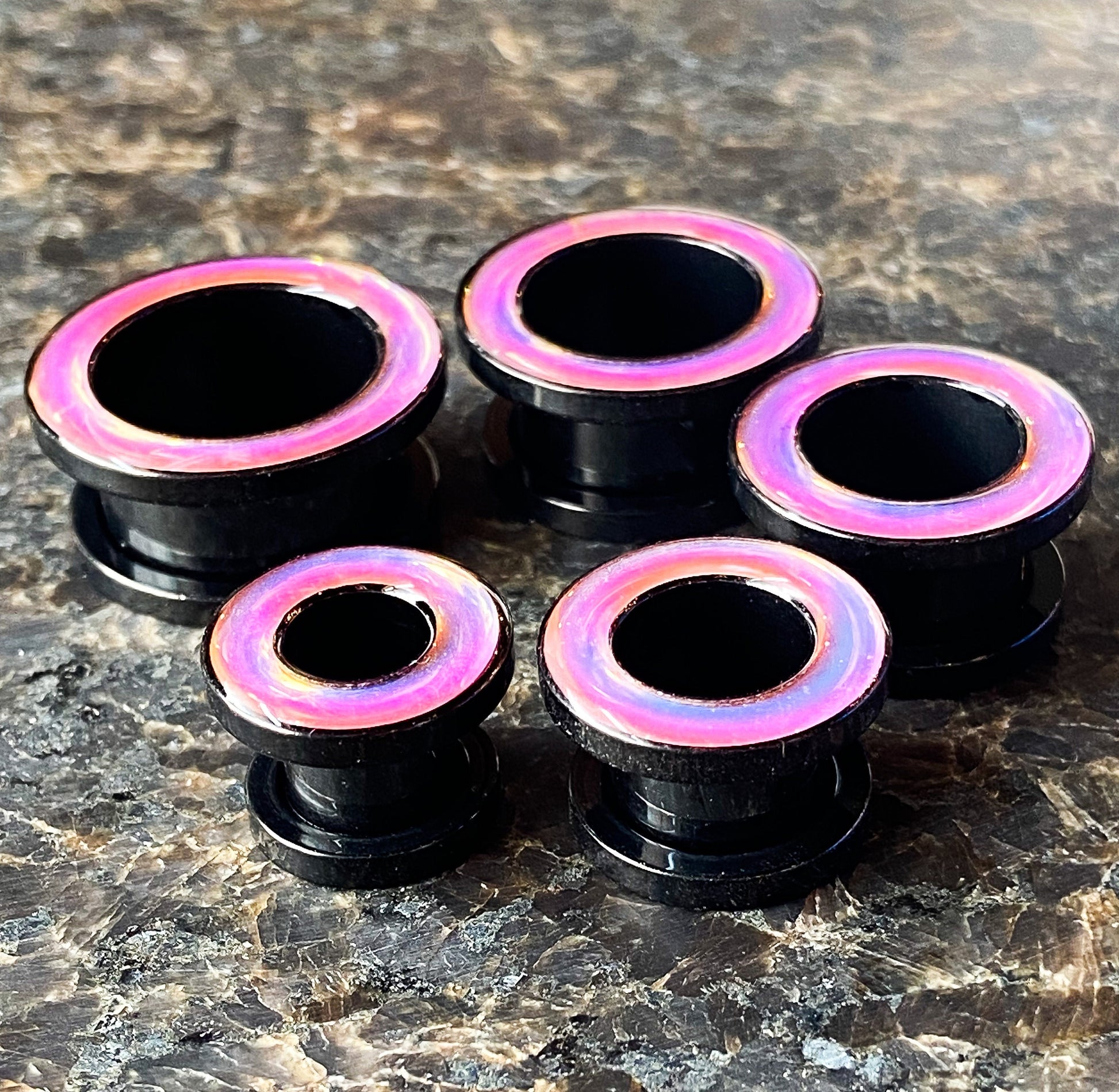 PAIR of Beautiful Rainbow Iridescent Rimmed Black Screw Fit Tunnels/Plugs - Gauges 0g (8mm) thru 5/8" (16mm) available!