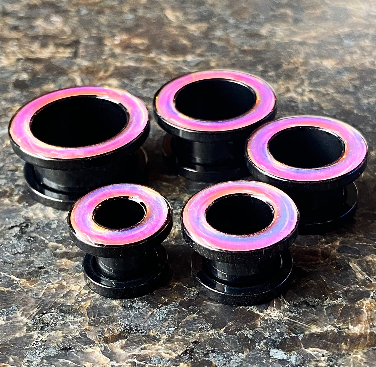PAIR of Beautiful Rainbow Iridescent Rimmed Black Screw Fit Tunnels/Plugs - Gauges 0g (8mm) thru 5/8" (16mm) available!