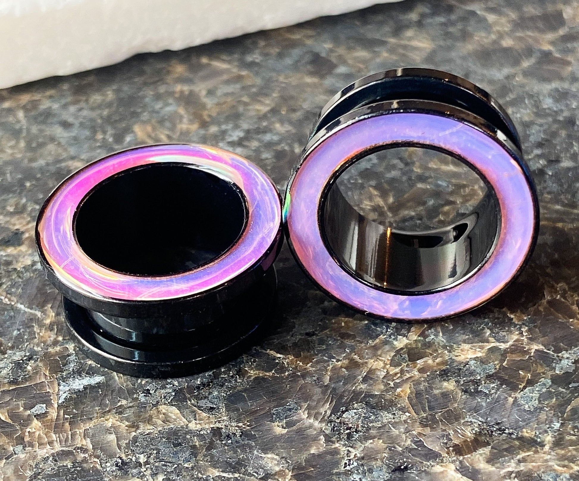 PAIR of Beautiful Rainbow Iridescent Rimmed Black Screw Fit Tunnels/Plugs - Gauges 0g (8mm) thru 5/8" (16mm) available!