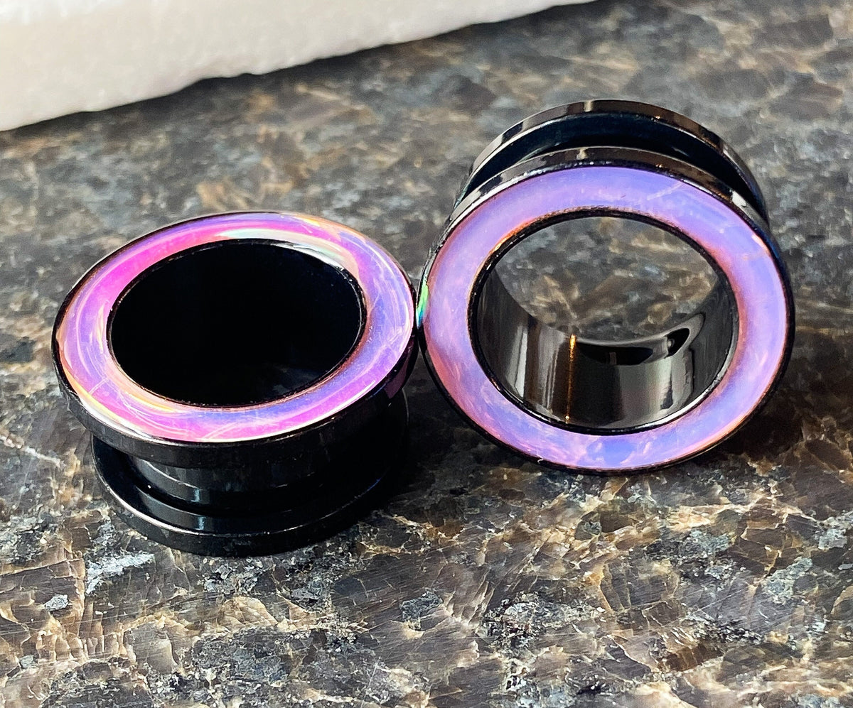 PAIR of Beautiful Rainbow Iridescent Rimmed Black Screw Fit Tunnels/Plugs - Gauges 0g (8mm) thru 5/8" (16mm) available!