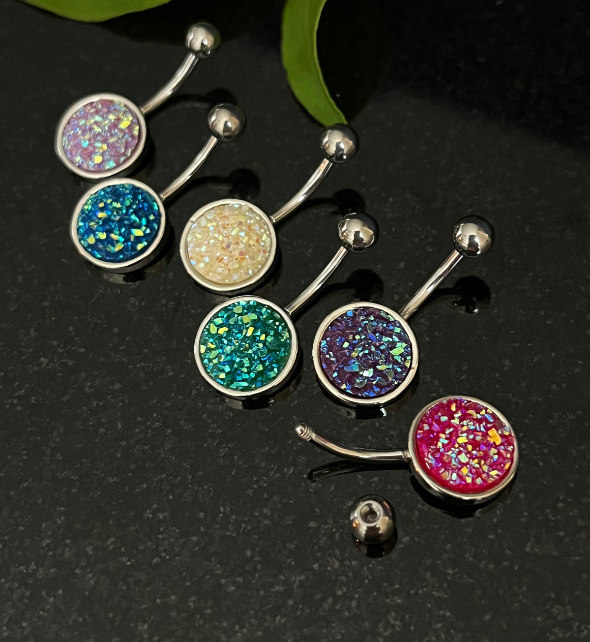 1 Piece Beautiful Round Druzy Stone Style 316L Surgical Steel Belly Ring - 14g - 10mm - Available in a Variety of Colors!