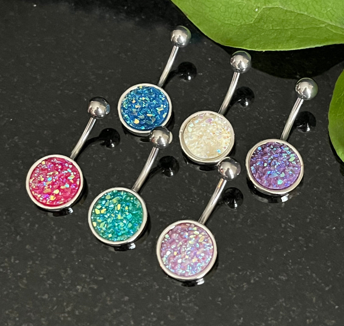 1 Piece Beautiful Round Druzy Stone Style 316L Surgical Steel Belly Ring - 14g - 10mm - Available in a Variety of Colors!
