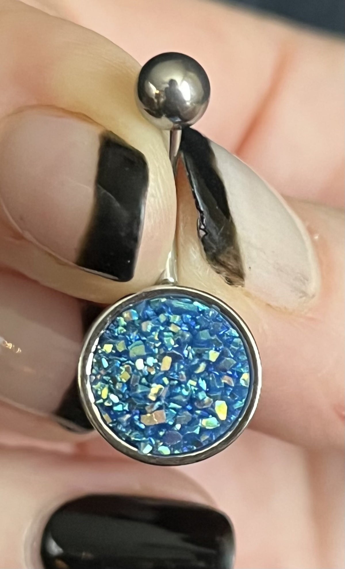 1 Piece Beautiful Round Druzy Stone Style 316L Surgical Steel Belly Ring - 14g - 10mm - Available in a Variety of Colors!