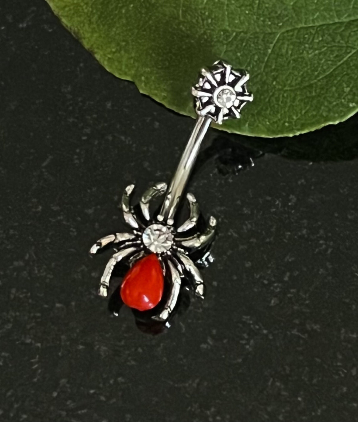 1 Piece Unusual Red Spider with CZ Gem and Web Belly Ring Surgical Steel Navel / Naval Belly Ring!