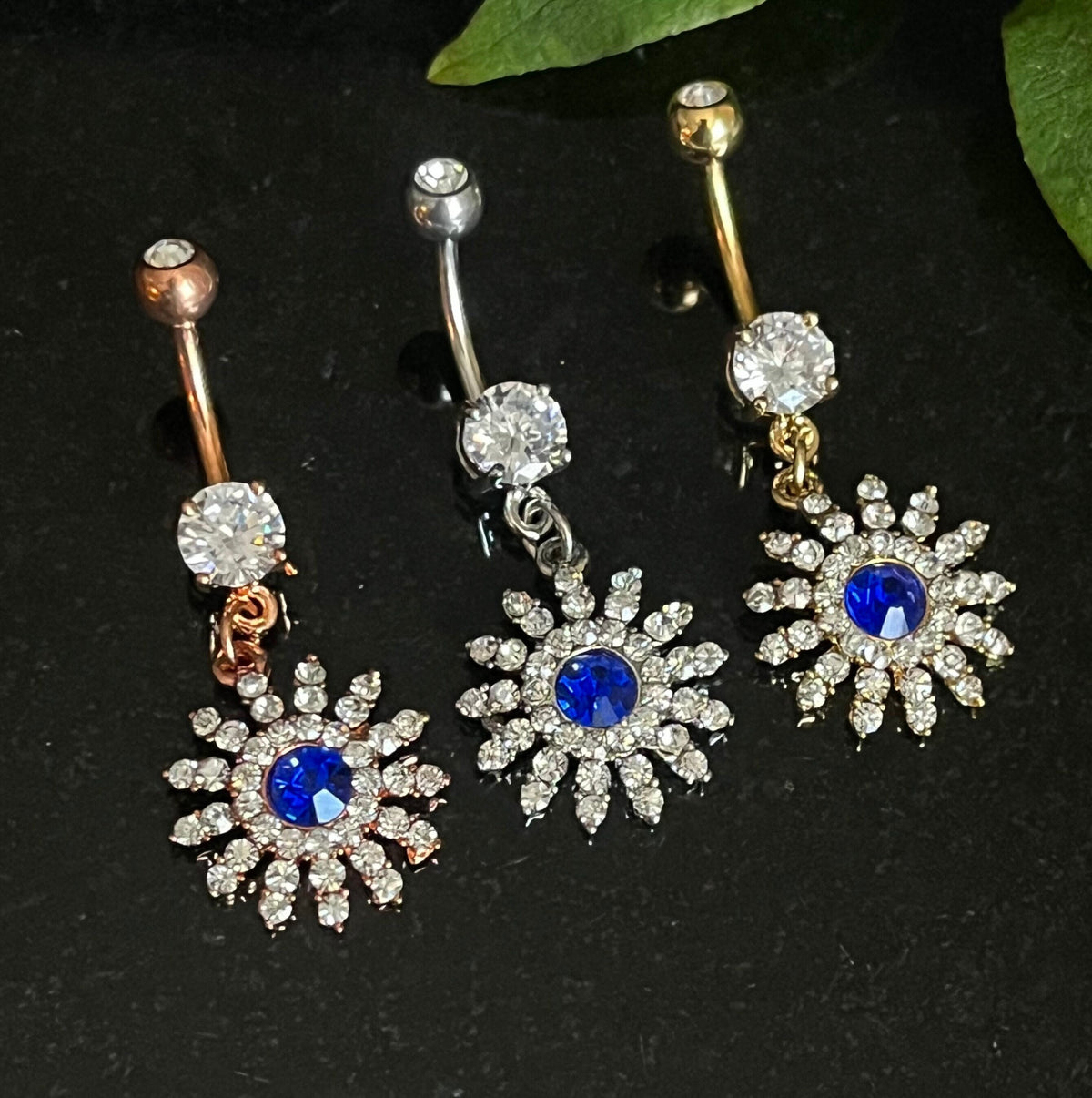 1 Piece Stunning Paved Gem Flower with Blue CZ Center Dangle Navel / Naval Belly Ring - 14g - 10mm - Gold, Steel and Rose Gold Available!