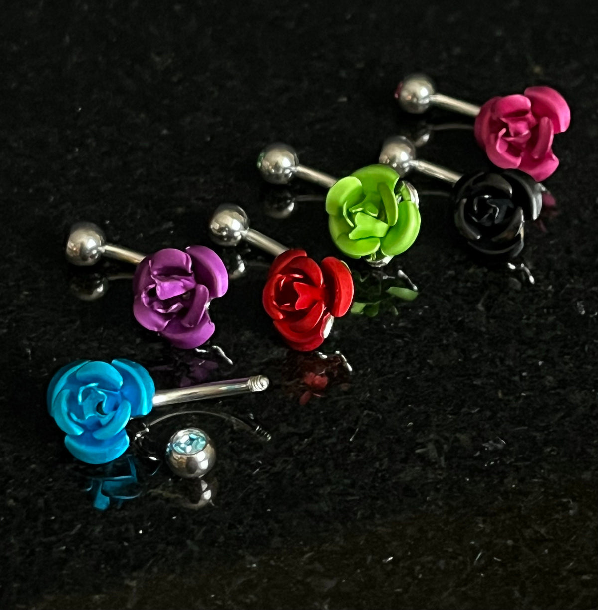 1 Piece Unique Colored Metal Rose with CZ Gem Navel / Naval Belly Ring - 14g - 10mm - Pink, Purple, Red, Green, Aqua & Black Available!