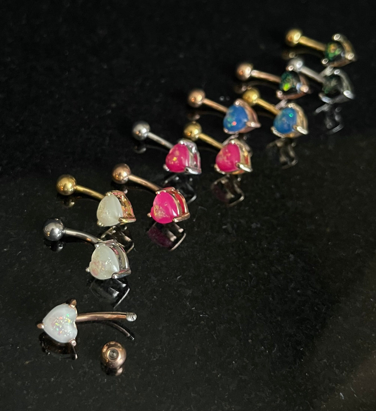 1 Piece Brilliant Solitaire Heart with Opal Glitter Gem Navel/Naval Belly Ring - 14g - Available in A Variety of Colors!