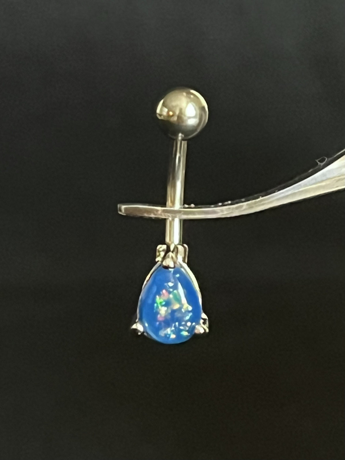 1 Piece Solitaire Tear Drop Opal Glitter Gem 316L Surgical Steel Navel/Naval Belly Ring - 14g - Blue, Pink, White & Dark Green Available!