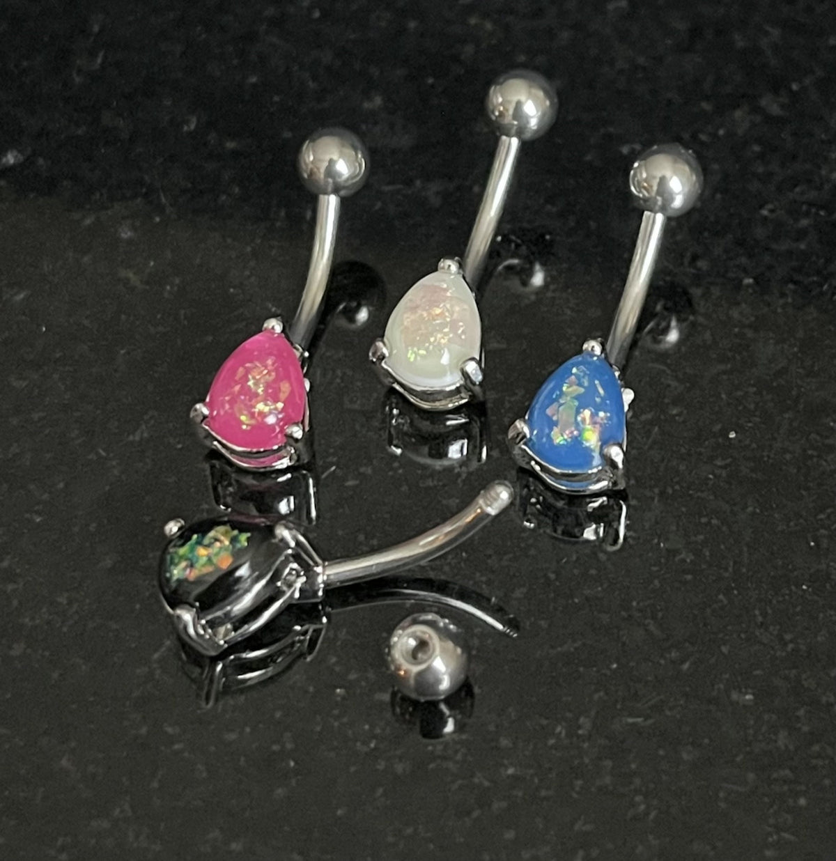 1 Piece Solitaire Tear Drop Opal Glitter Gem 316L Surgical Steel Navel/Naval Belly Ring - 14g - Blue, Pink, White & Dark Green Available!