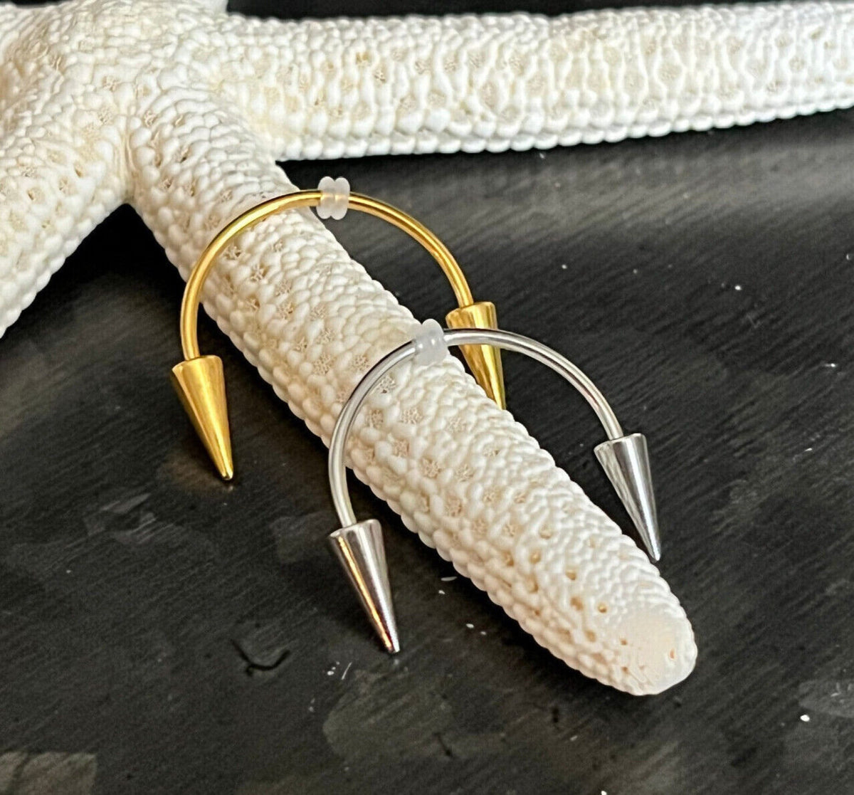 PAIR of Unique Smiley Piercing Fangs 316L Surgical Steel Spiked Circular Barbell Horseshoe Ring - Gauge 16g - Silver and Gold Available!
