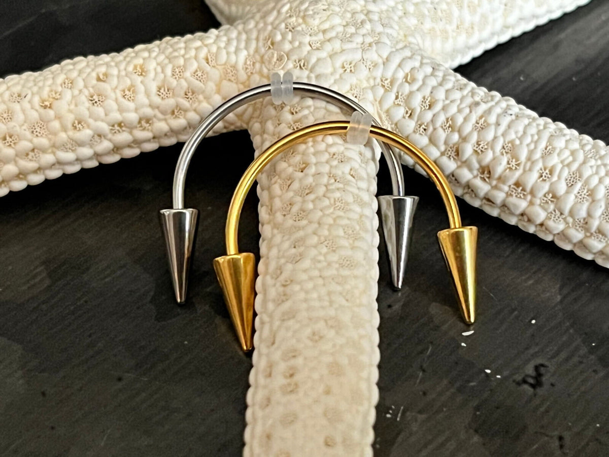 PAIR of Unique Smiley Piercing Fangs 316L Surgical Steel Spiked Circular Barbell Horseshoe Ring - Gauge 16g - Silver and Gold Available!