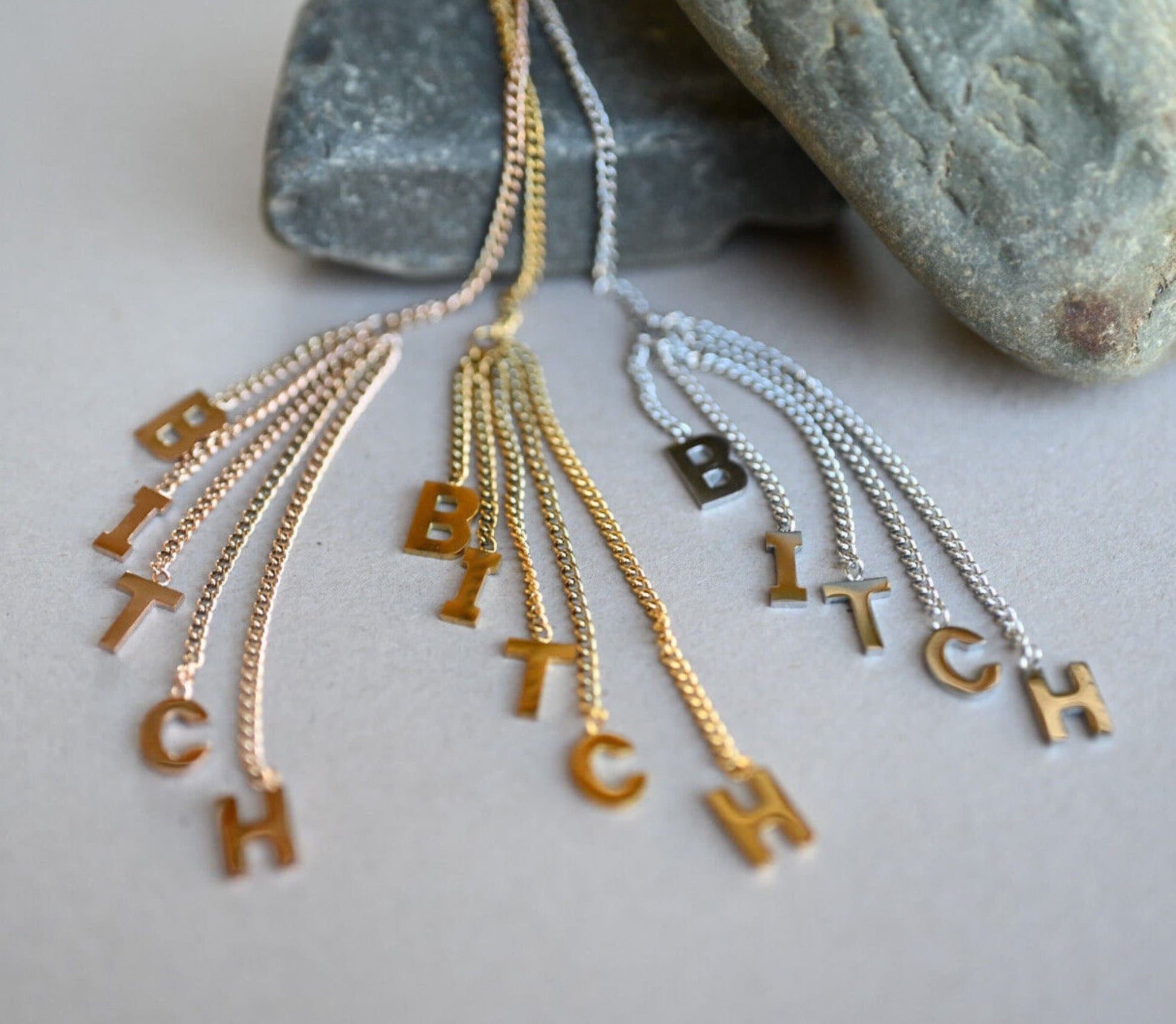 Pair of Unique "Bitch" Chain Threader Earrings Free Falling 316L Stainless Steel Stud Earrings- 20g - Gold, Rose Gold and Silver Available!