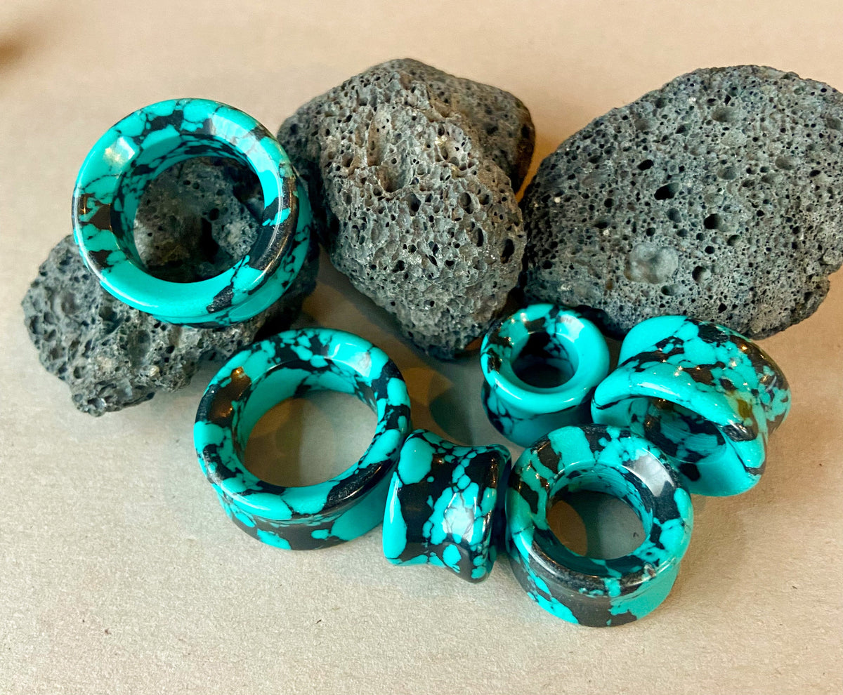 PAIR of Stunning Black & Teal Synthetic Turquoise Stone Double Flare Tunnels/Plugs - Gauges 2g (6mm) to 1" (25mm) Available!