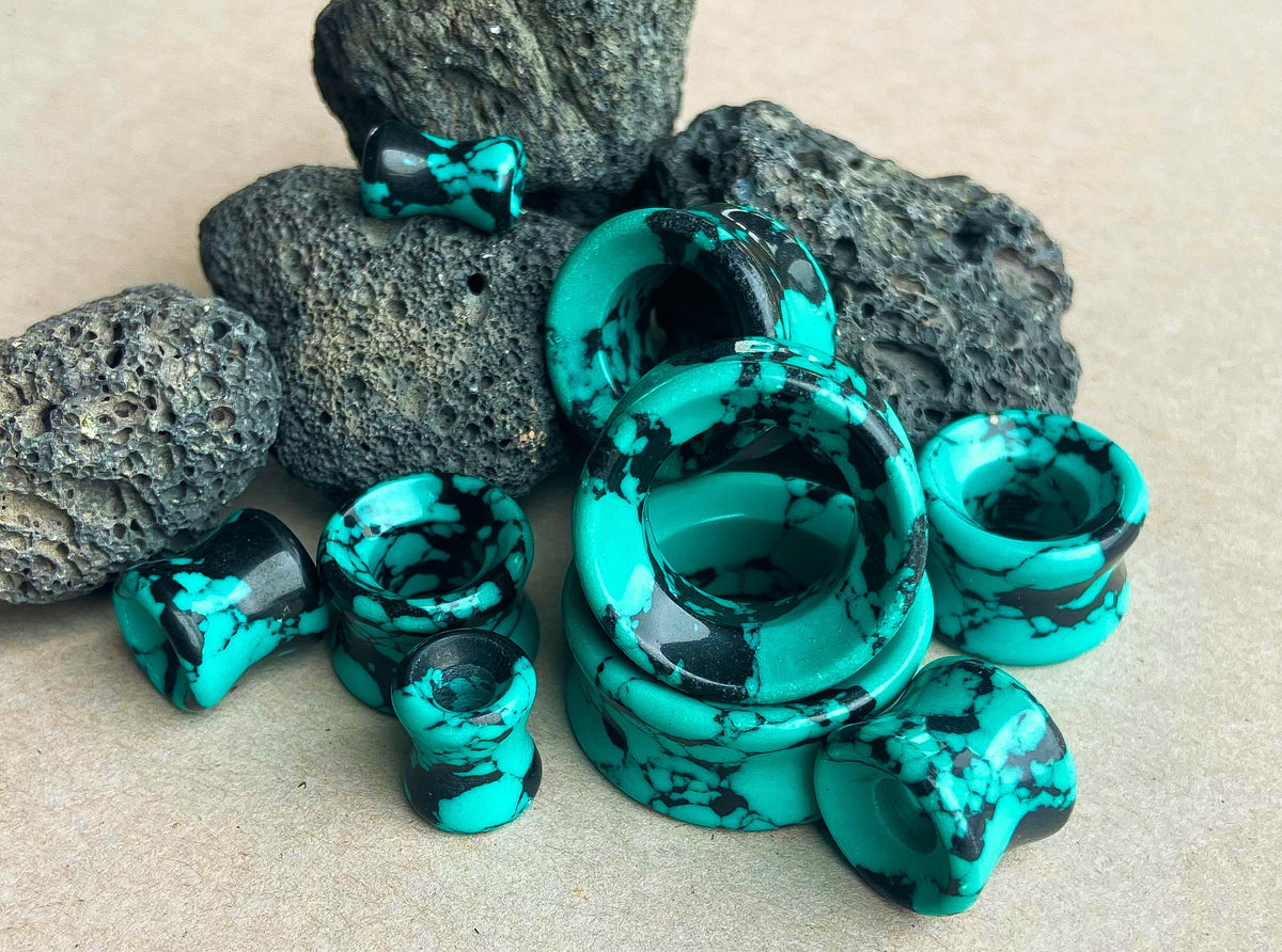 PAIR of Stunning Black & Teal Synthetic Turquoise Stone Double Flare Tunnels/Plugs - Gauges 2g (6mm) to 1" (25mm) Available!