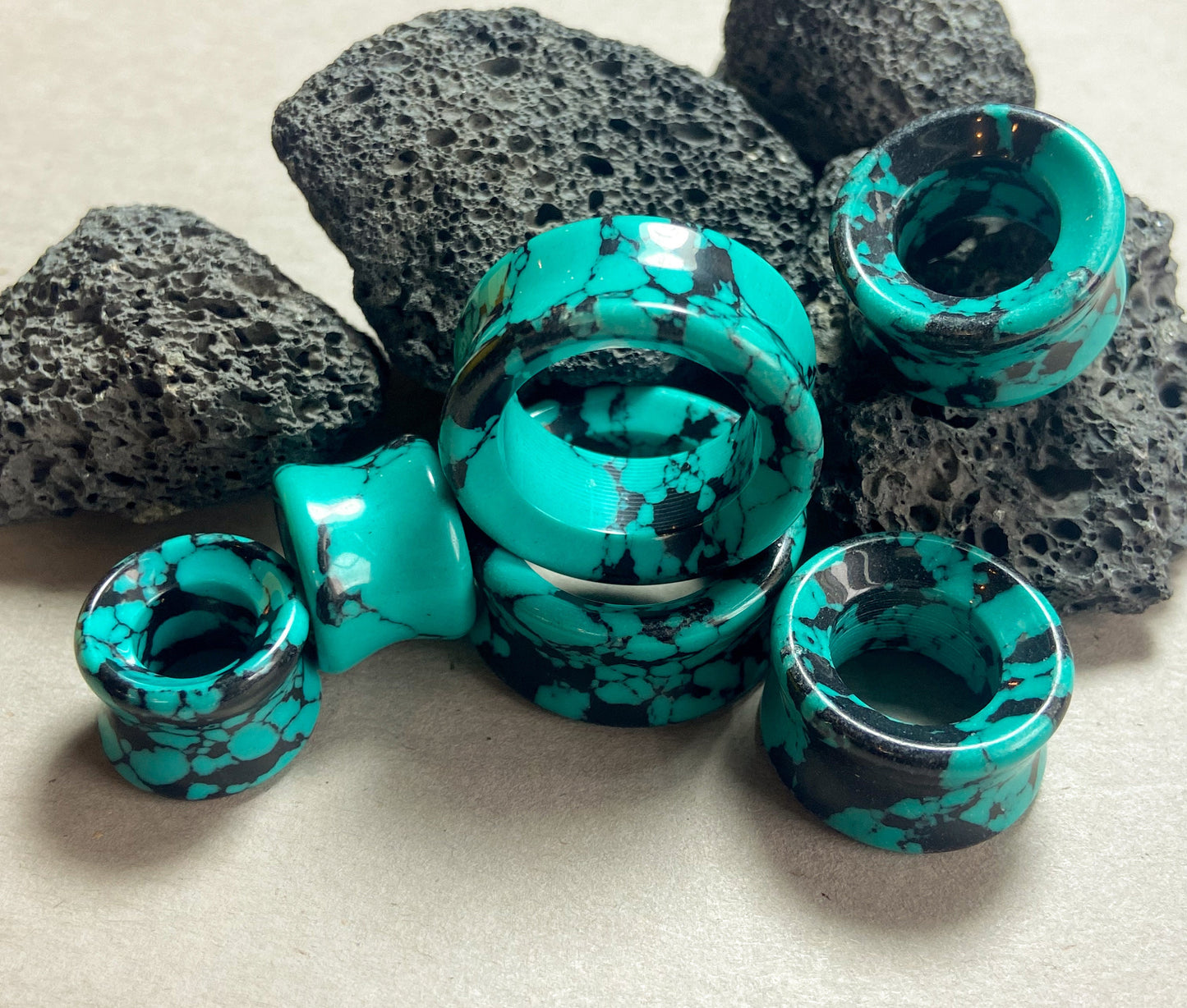 PAIR of Stunning Black & Teal Synthetic Turquoise Stone Double Flare Tunnels/Plugs - Gauges 2g (6mm) to 1" (25mm) Available!