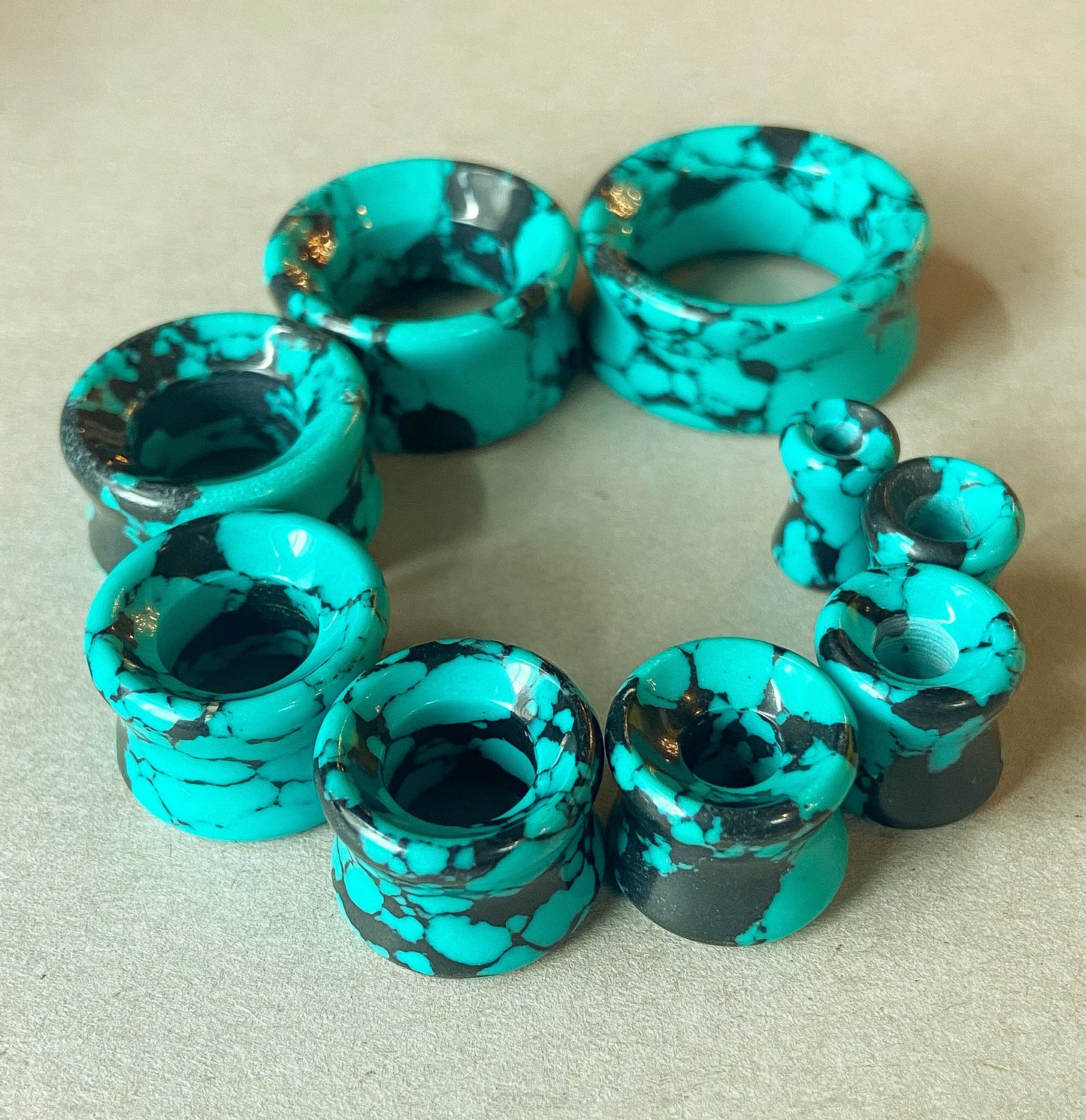 PAIR of Stunning Black & Teal Synthetic Turquoise Stone Double Flare Tunnels/Plugs - Gauges 2g (6mm) to 1" (25mm) Available!