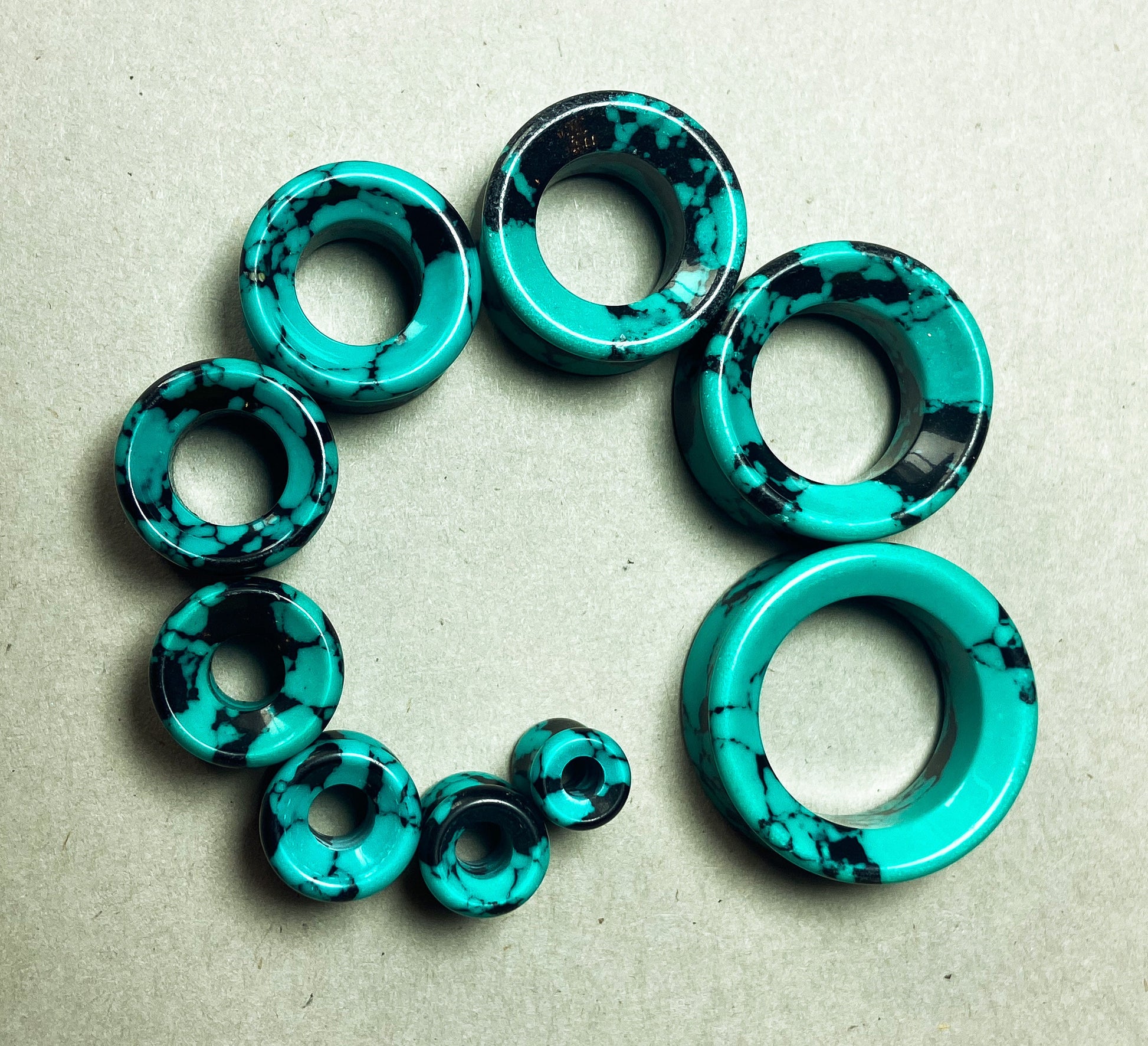 PAIR of Stunning Black & Teal Synthetic Turquoise Stone Double Flare Tunnels/Plugs - Gauges 2g (6mm) to 1" (25mm) Available!