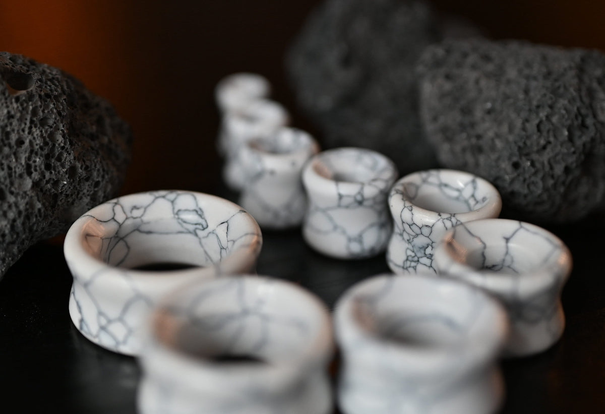 PAIR of Beautiful White Synthetic Turquoise Stone Stone Double Flare Tunnels/Plugs - Gauges 2g (6mm) to 1" (25mm) Available!