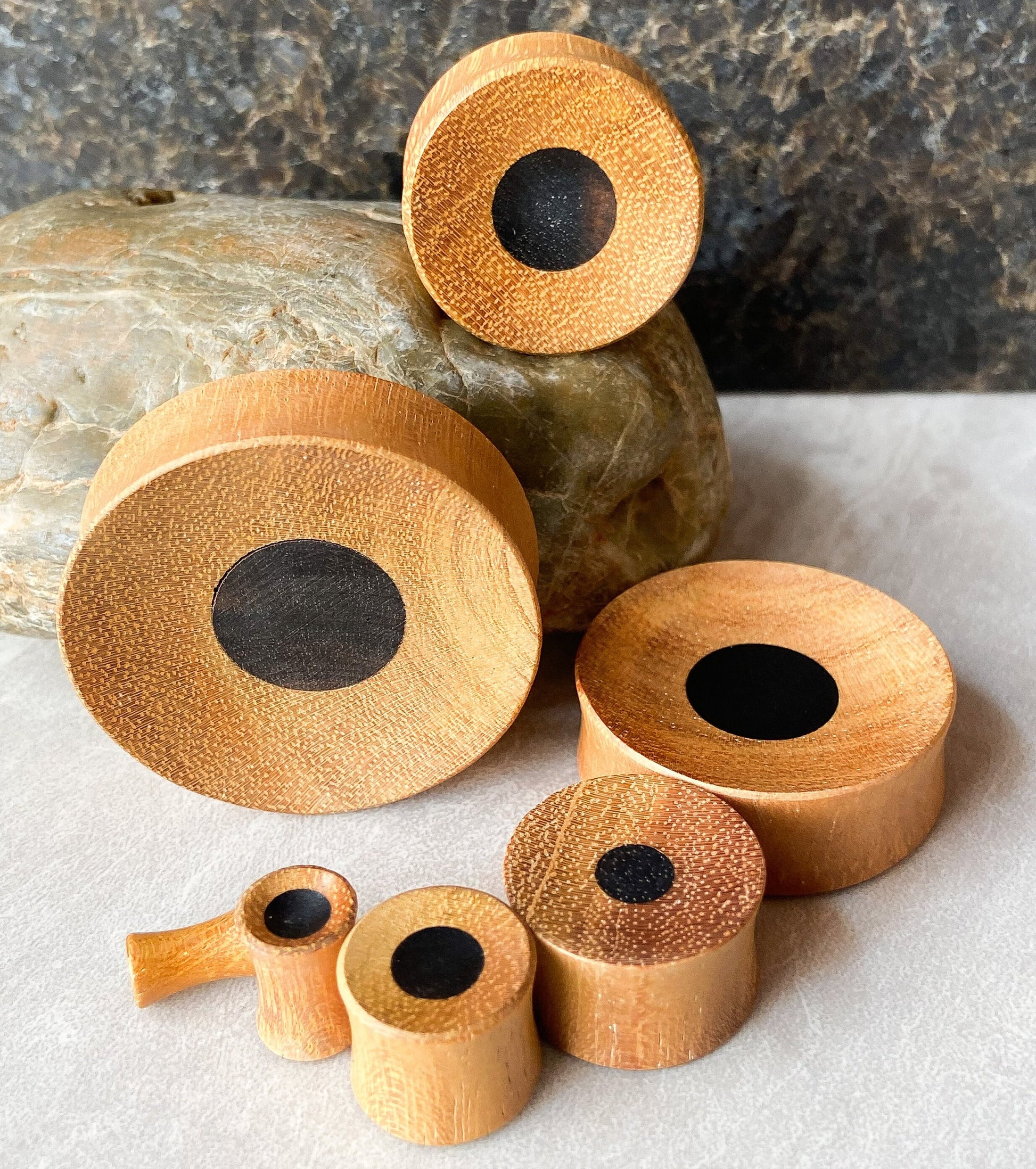 PAIR of Unique Concave Jackfruit Wood with an Areng Wood Center Plugs - Gauges 1" (25mm) thru 52mm (a little over 2") available!