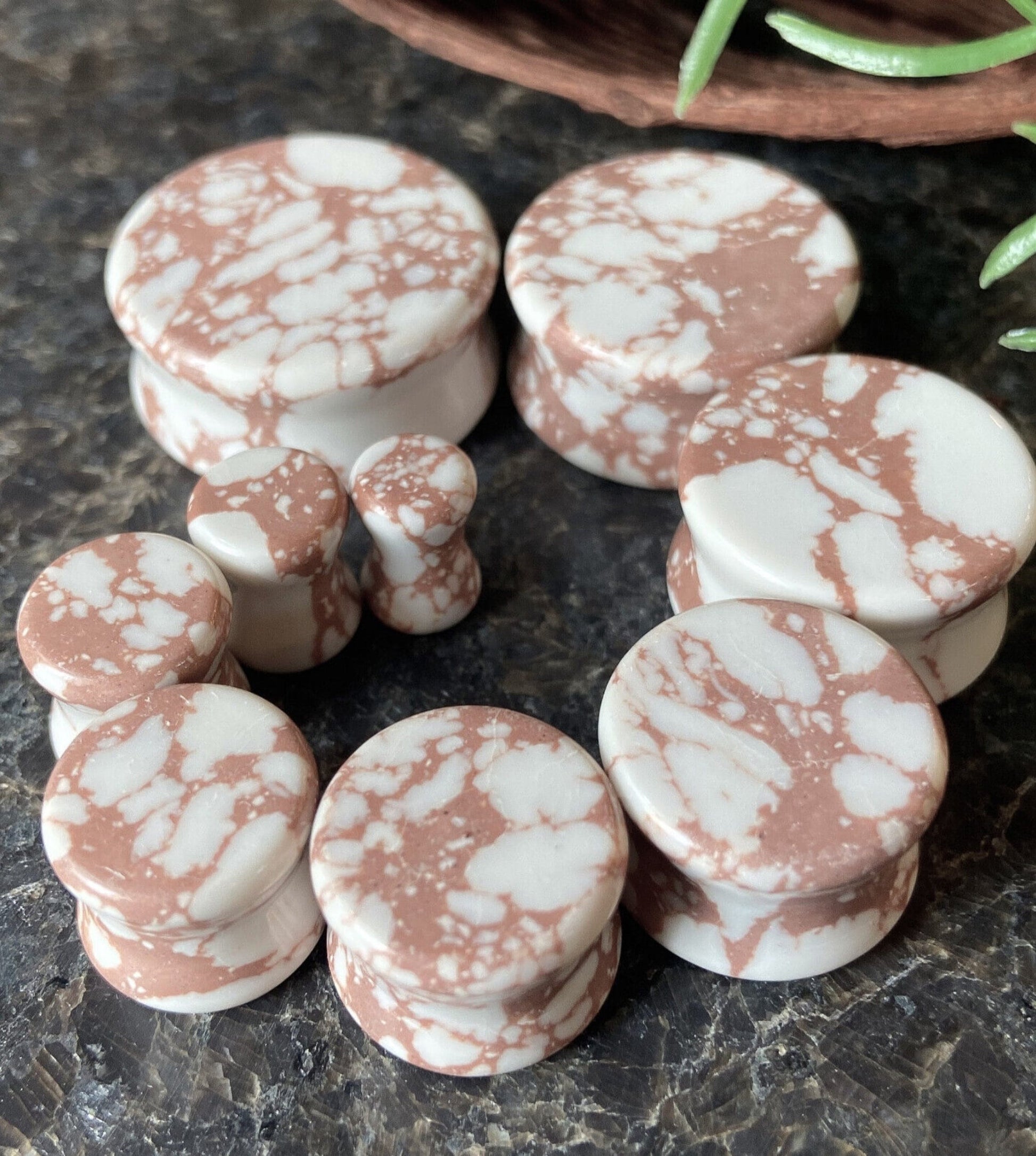PAIR of Beautiful White & Brown Synthetic Stone Double Flare Plugs - Gauges 2g (6mm) thru 1" (25mm) available!