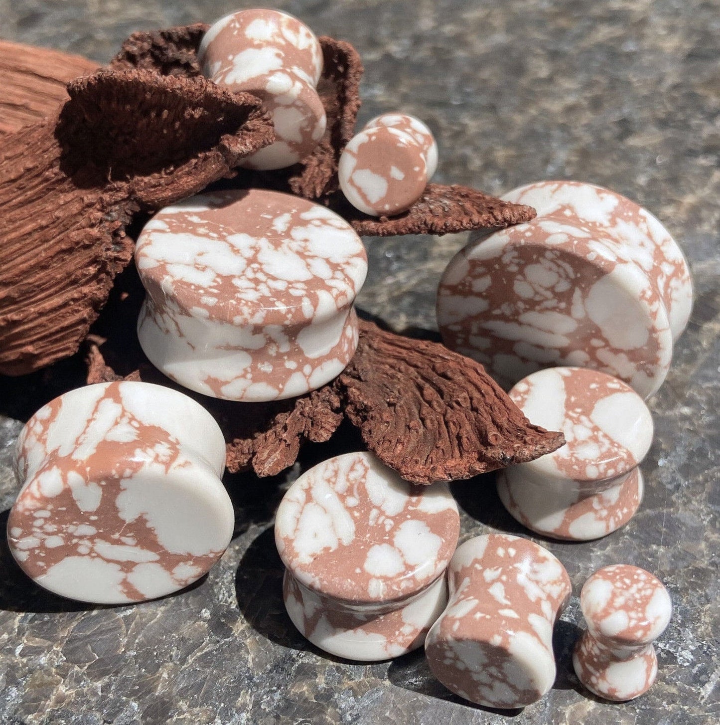 PAIR of Beautiful White & Brown Synthetic Stone Double Flare Plugs - Gauges 2g (6mm) thru 1" (25mm) available!
