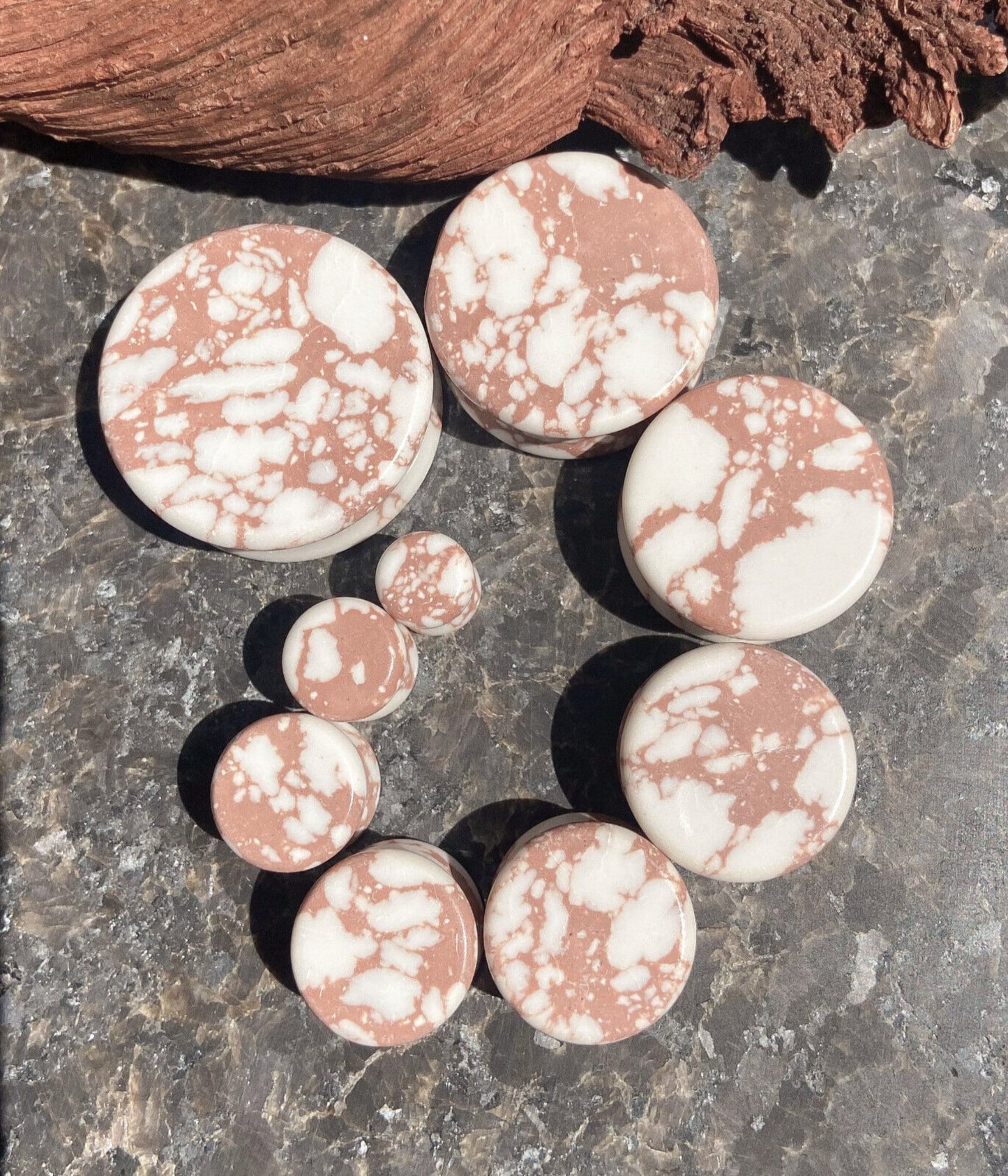 PAIR of Beautiful White & Brown Synthetic Stone Double Flare Plugs - Gauges 2g (6mm) thru 1" (25mm) available!