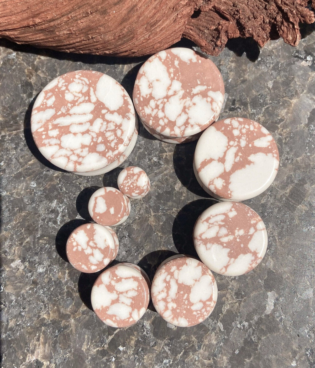 PAIR of Beautiful White & Brown Synthetic Stone Double Flare Plugs - Gauges 2g (6mm) thru 1" (25mm) available!