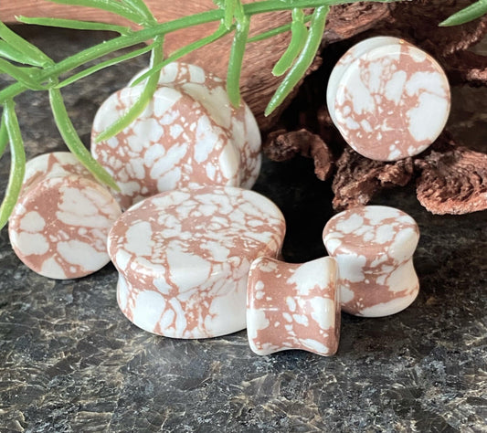 PAIR of Beautiful White & Brown Synthetic Stone Double Flare Plugs - Gauges 2g (6mm) thru 1" (25mm) available!