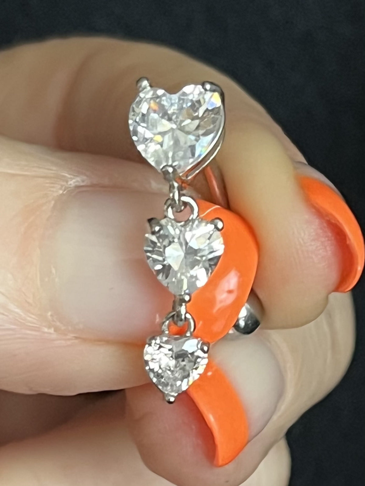 1 Piece Brilliant Triple CZ Gem Hearts Top Drop Dangle Reverse Navel/Naval Belly Ring- 14g - 10mm - Silver, Gold & Rose Gold Available!