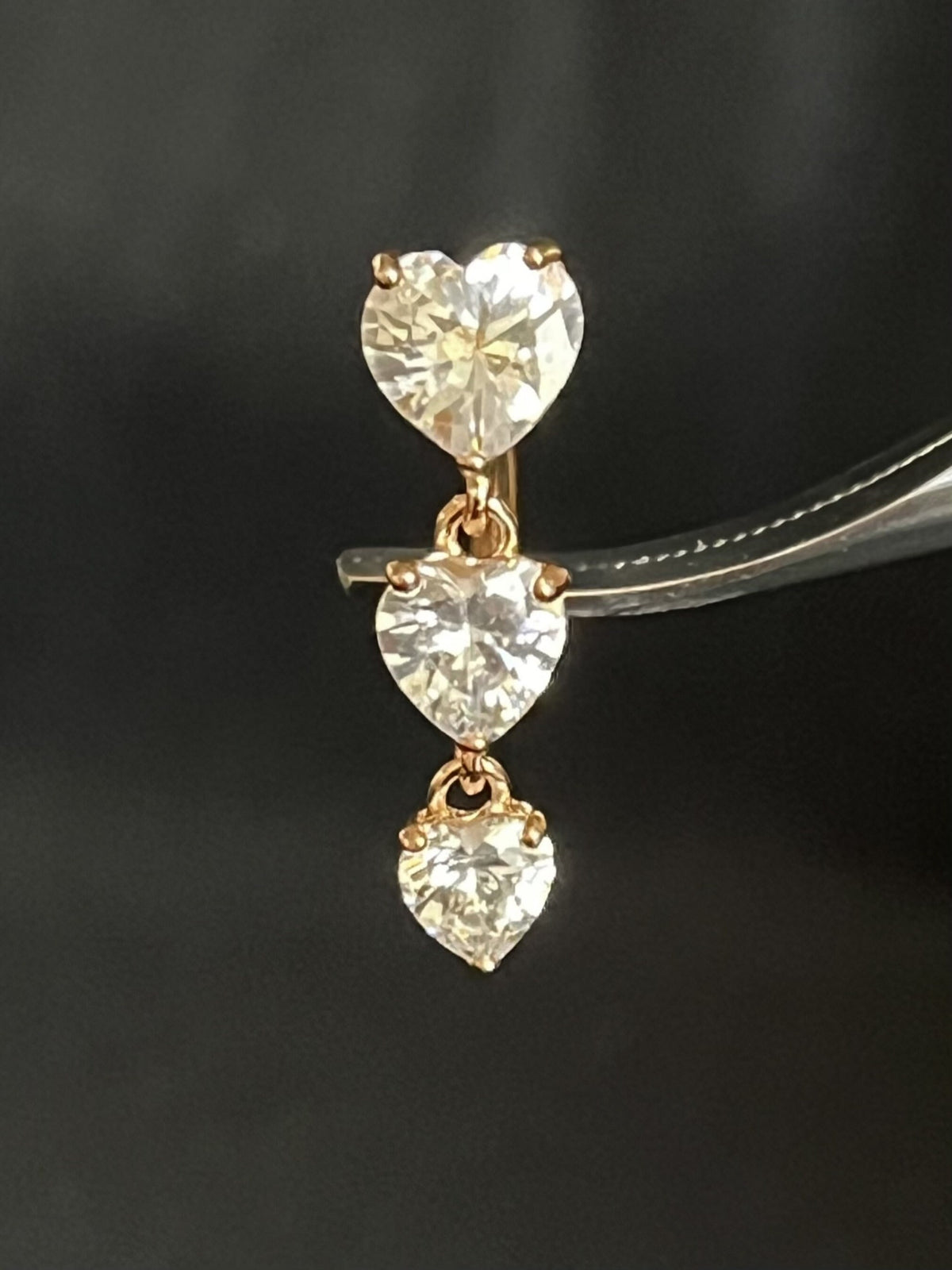 1 Piece Brilliant Triple CZ Gem Hearts Top Drop Dangle Reverse Navel/Naval Belly Ring- 14g - 10mm - Silver, Gold & Rose Gold Available!