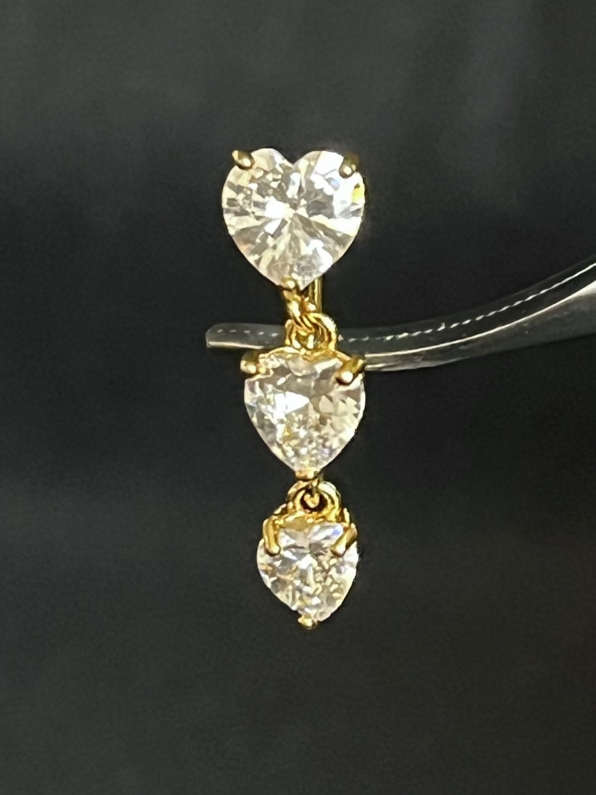 1 Piece Brilliant Triple CZ Gem Hearts Top Drop Dangle Reverse Navel/Naval Belly Ring- 14g - 10mm - Silver, Gold & Rose Gold Available!