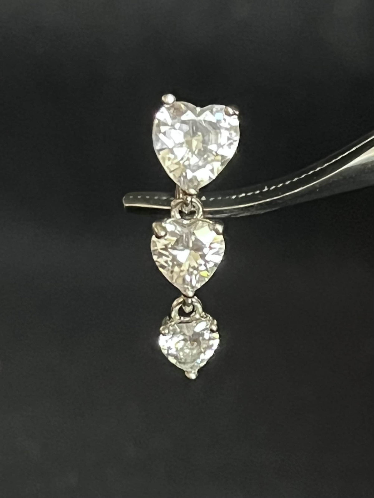 1 Piece Brilliant Triple CZ Gem Hearts Top Drop Dangle Reverse Navel/Naval Belly Ring- 14g - 10mm - Silver, Gold & Rose Gold Available!