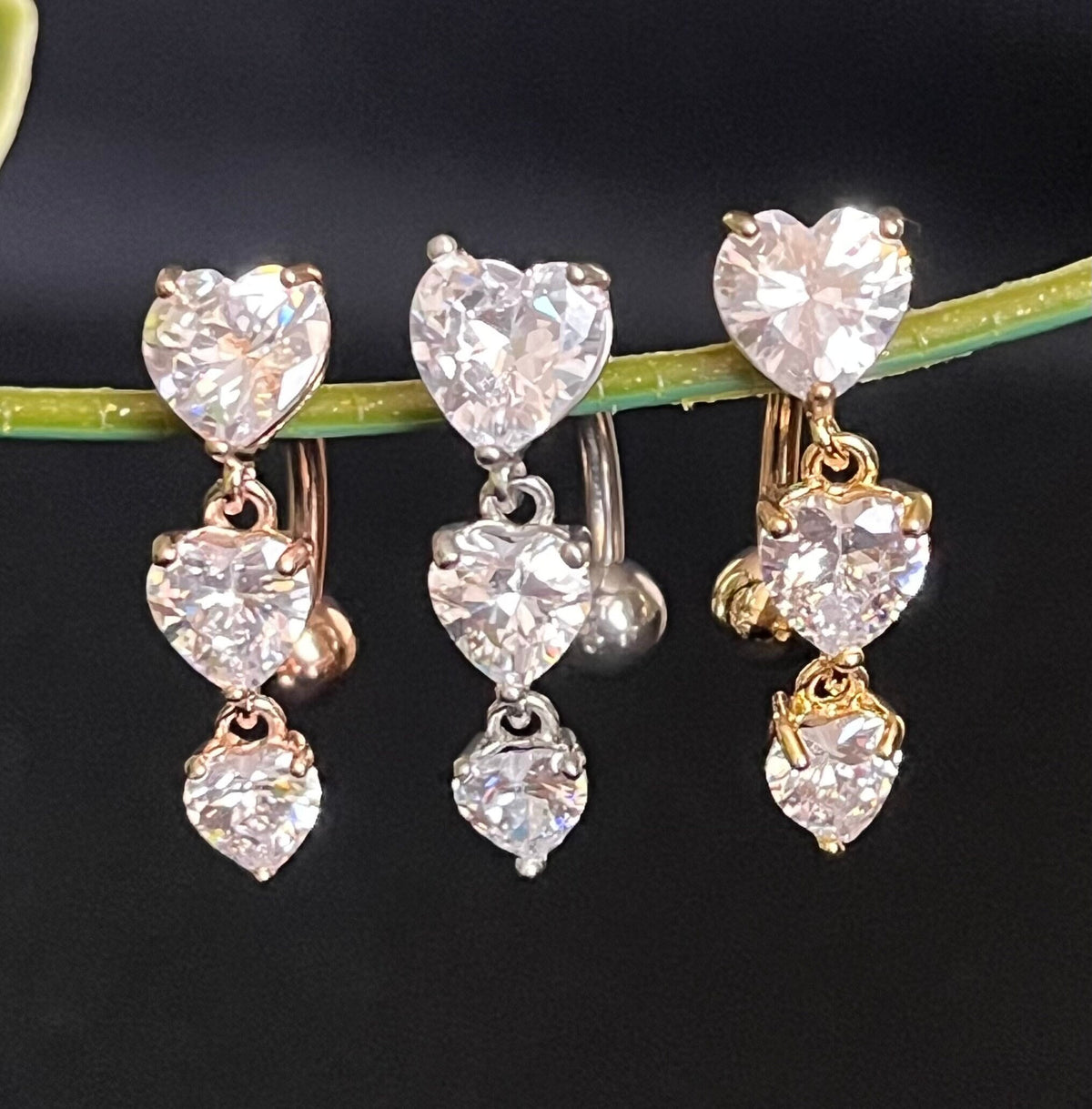 1 Piece Brilliant Triple CZ Gem Hearts Top Drop Dangle Reverse Navel/Naval Belly Ring- 14g - 10mm - Silver, Gold & Rose Gold Available!