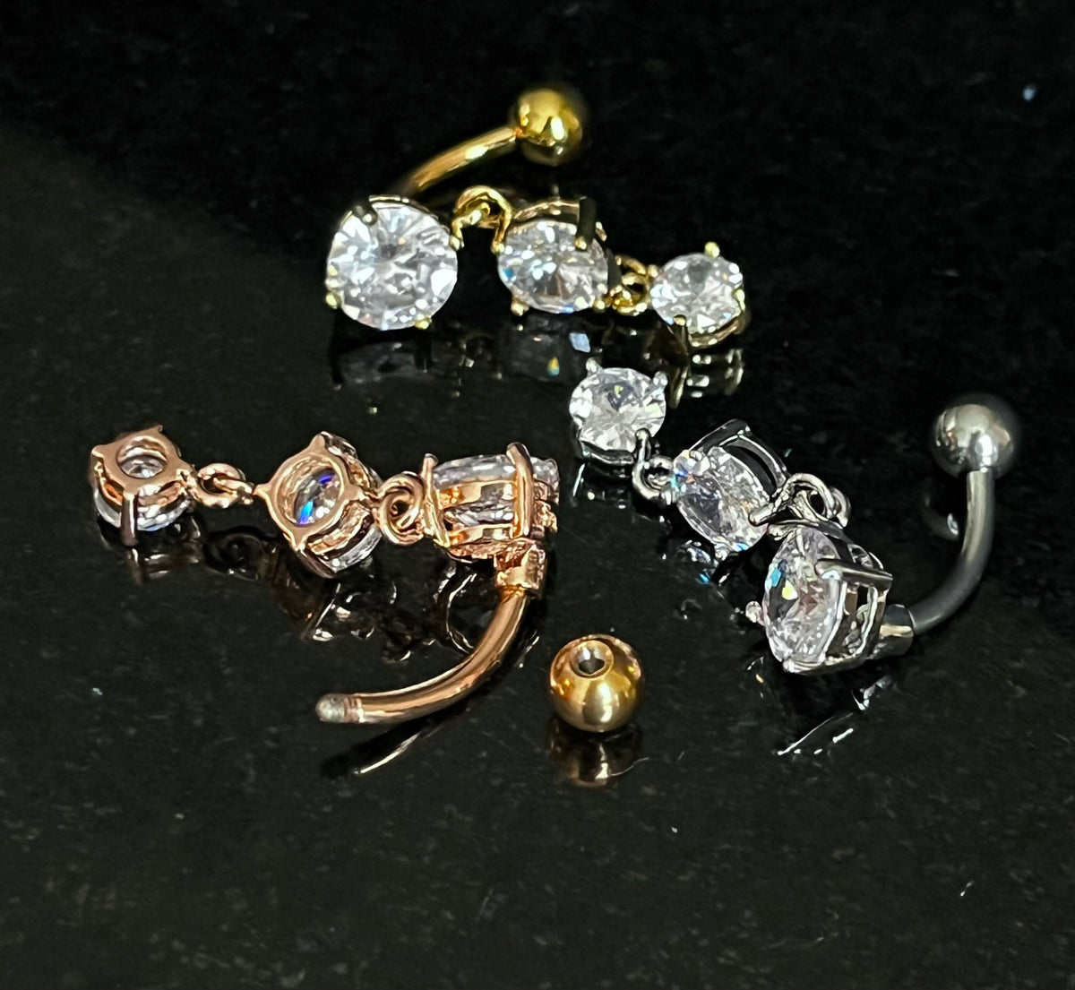 1 Piece Dazzling Triple Round CZ Gems Top Drop Dangle Reverse Navel/Naval Belly Ring- 14g - 10mm - Silver, Gold & Rose Gold Available!