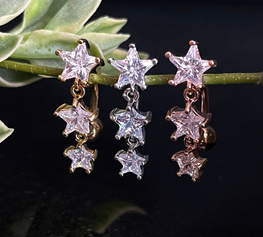 1 Piece Stunning Star CZ Gem Stars Top Drop Dangle Reverse Navel/Naval Belly Ring- 14g - 10mm - Silver, Gold & Rose Gold Available!