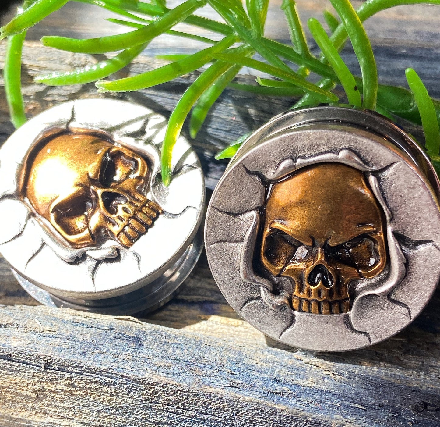 PAIR of Unique Bronze Crashing Skull Screw Fit Tunnels/Plugs - Gauges 0g (8mm) thru 1" (25mm) available!