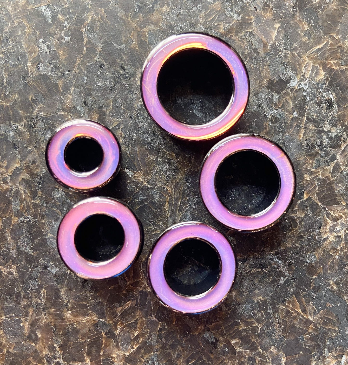PAIR of Beautiful Rainbow Iridescent Rimmed Black Screw Fit Tunnels/Plugs - Gauges 0g (8mm) thru 5/8" (16mm) available!