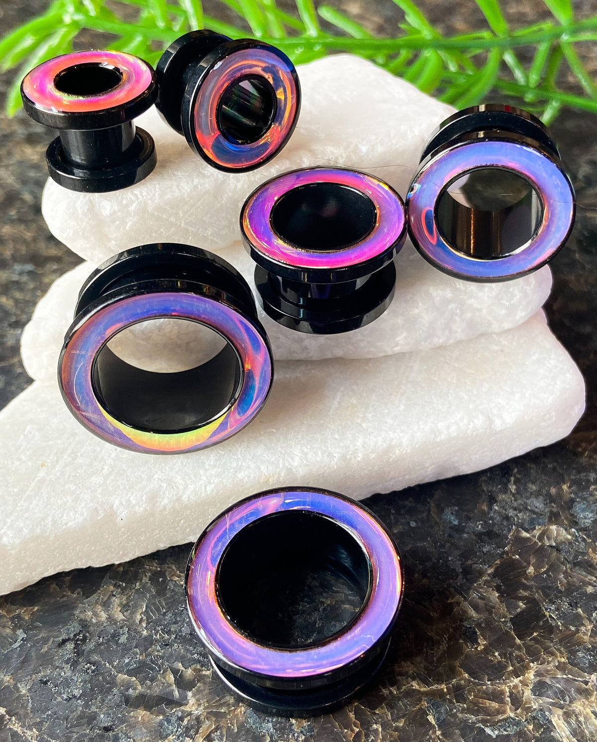 PAIR of Beautiful Rainbow Iridescent Rimmed Black Screw Fit Tunnels/Plugs - Gauges 0g (8mm) thru 5/8" (16mm) available!