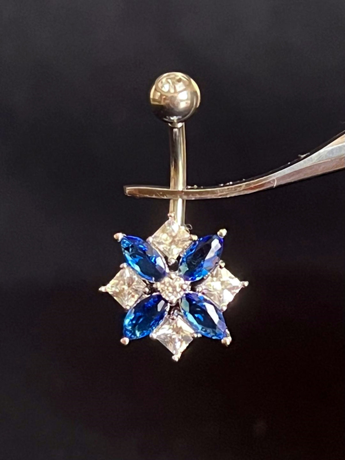 1 Piece Stunning Marquise & Square CZ Cluster Gem Flower Navel / Naval Belly Ring - 14g - 10mm - Available in Blue, Clear and Pink!