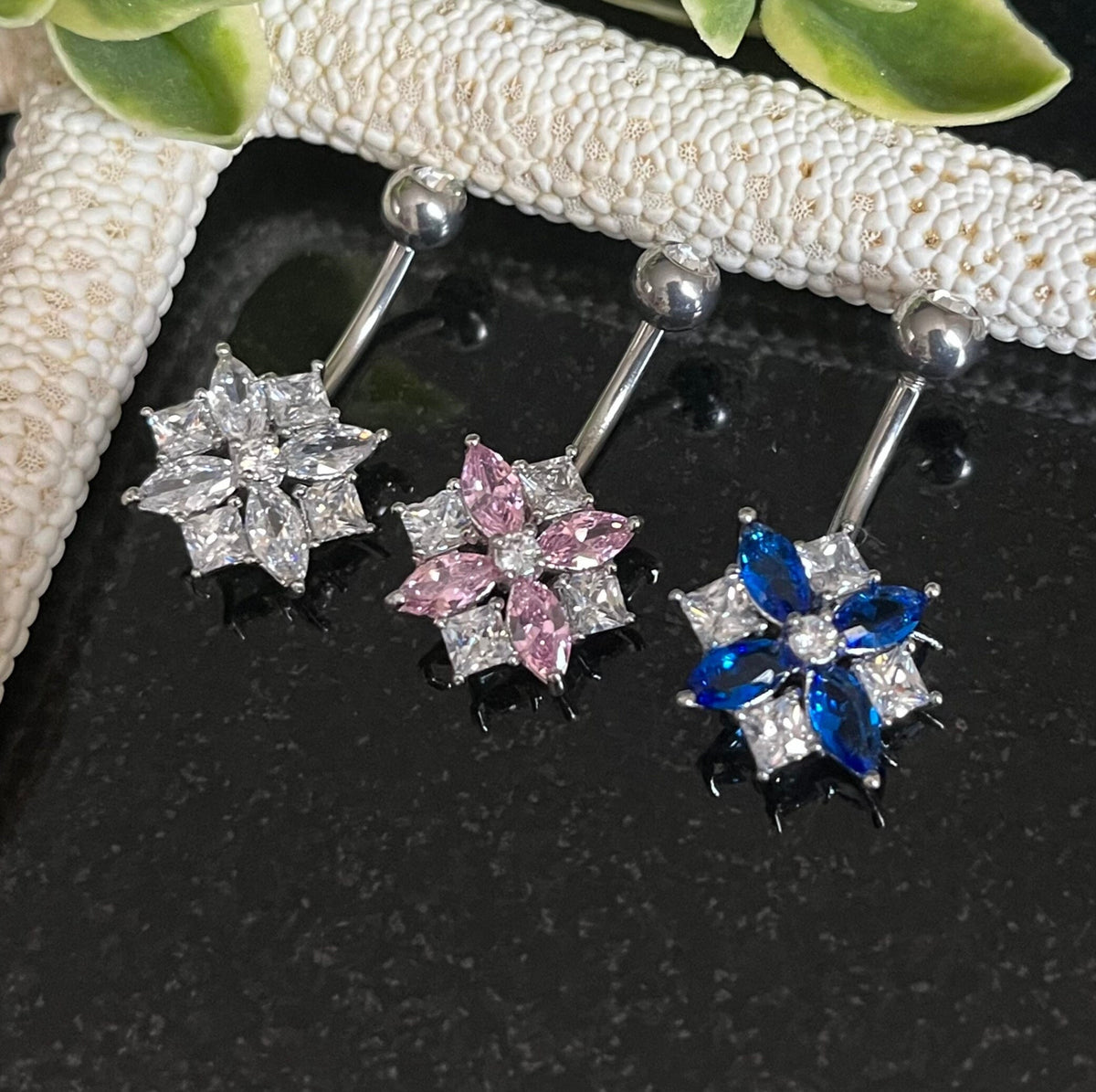 1 Piece Stunning Marquise & Square CZ Cluster Gem Flower Navel / Naval Belly Ring - 14g - 10mm - Available in Blue, Clear and Pink!