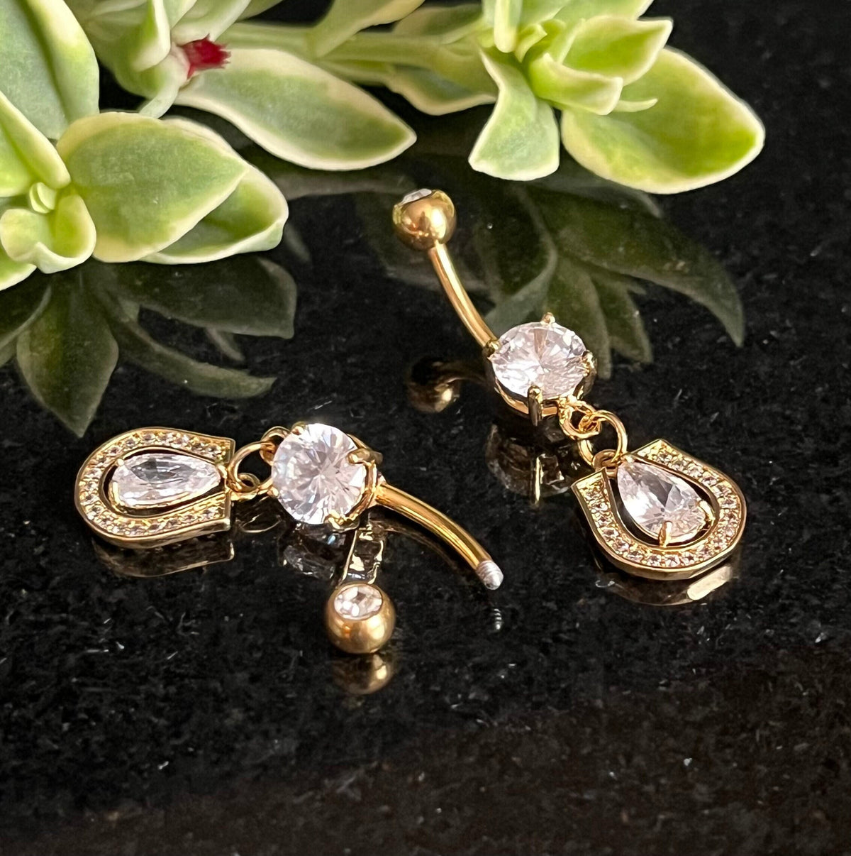 1 Piece Stunning CZ Gem Paved Horse Shoe W/ Teardrop Gem 316L Surgical Steel Navel / Naval Belly Ring!