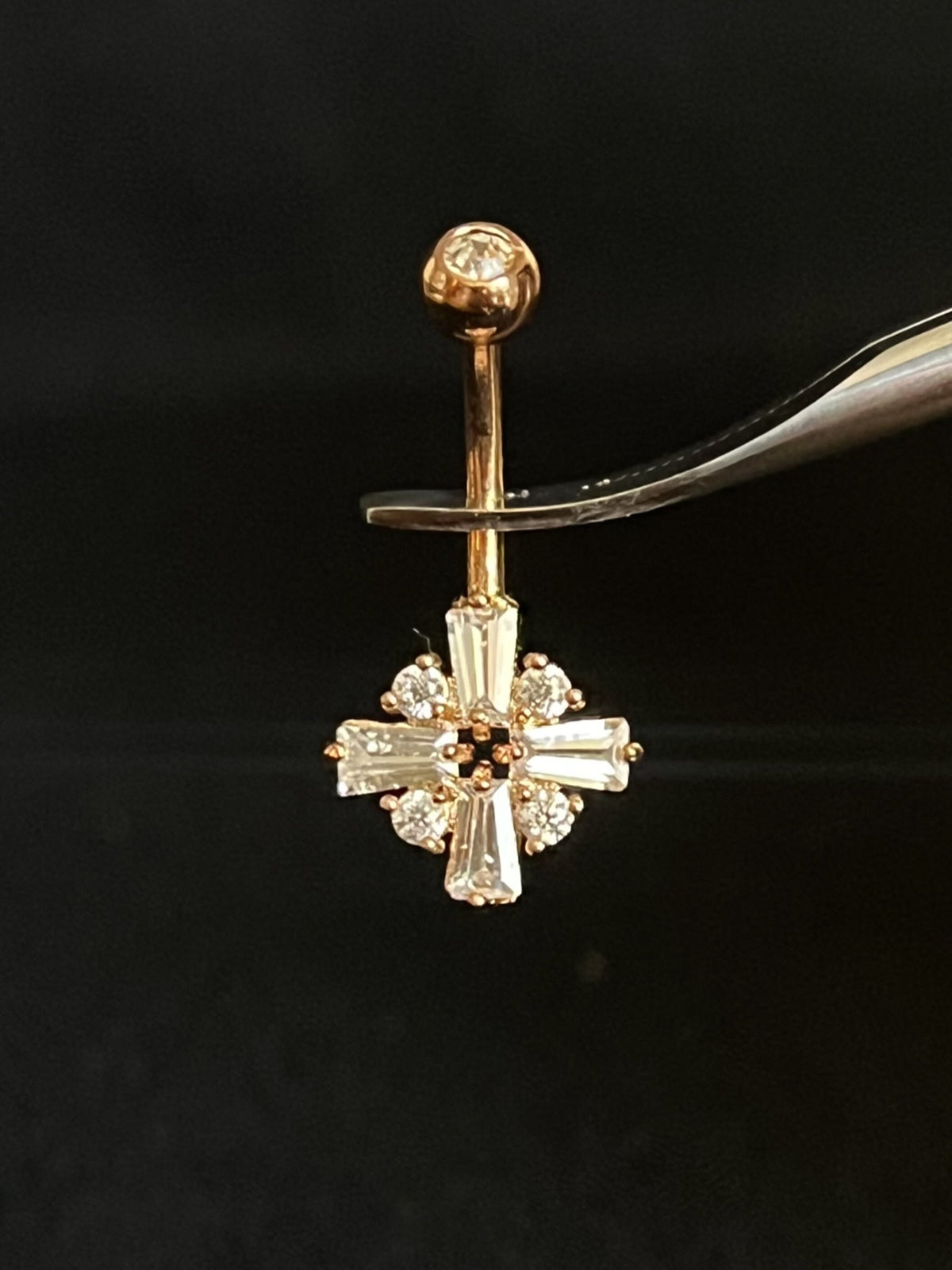 1 Piece Princess Cut CZ Gem Cross Surgical Steel Navel / Naval Belly Ring - 14g - 10mm- Gold, Steel and Rose Gold Available!