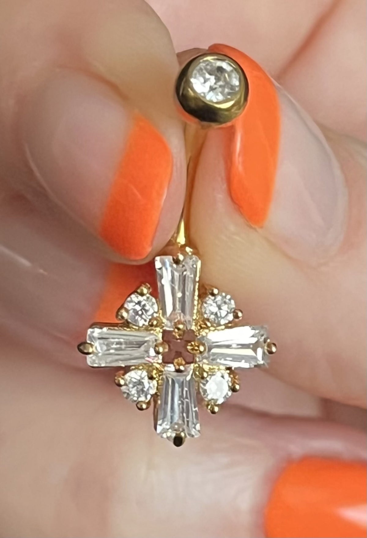 1 Piece Princess Cut CZ Gem Cross Surgical Steel Navel / Naval Belly Ring - 14g - 10mm- Gold, Steel and Rose Gold Available!